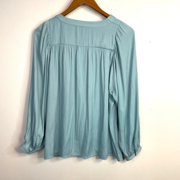 LOFT Ann Taylor Split Neck Flowy Puff Balloon Sleeve Top Coastal Blue M New NWT - Picture 8 of 12